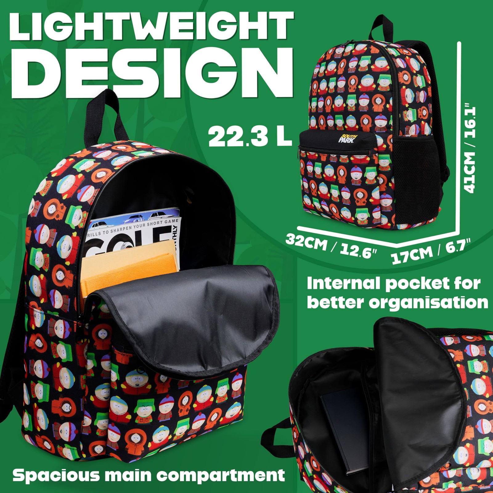 South Park Backpack for Men – All-Over Print Daypack, Gym/School Bag 22L