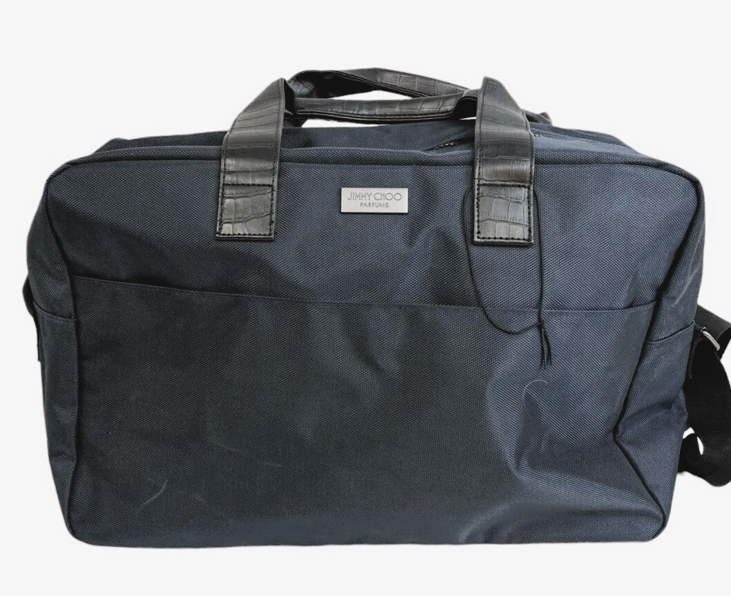 Jimmy Choo Duffle Travel Gym Bag Weekender Outer Pocket Croco Handles Navy NWT