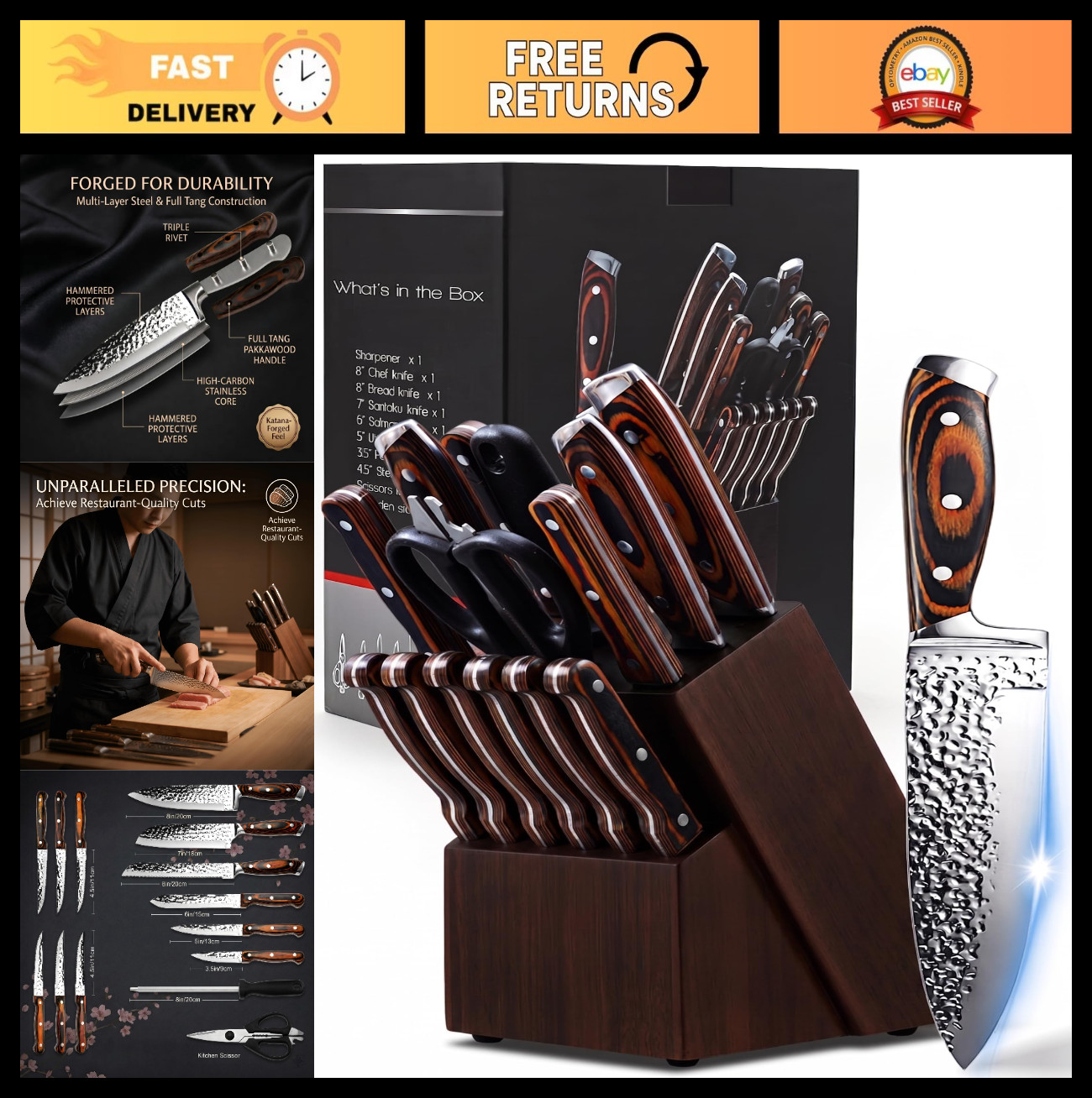 15-Piece Kitchen Knife Set with Block, High Carbon Stainless Steel, Sharp & Ergo