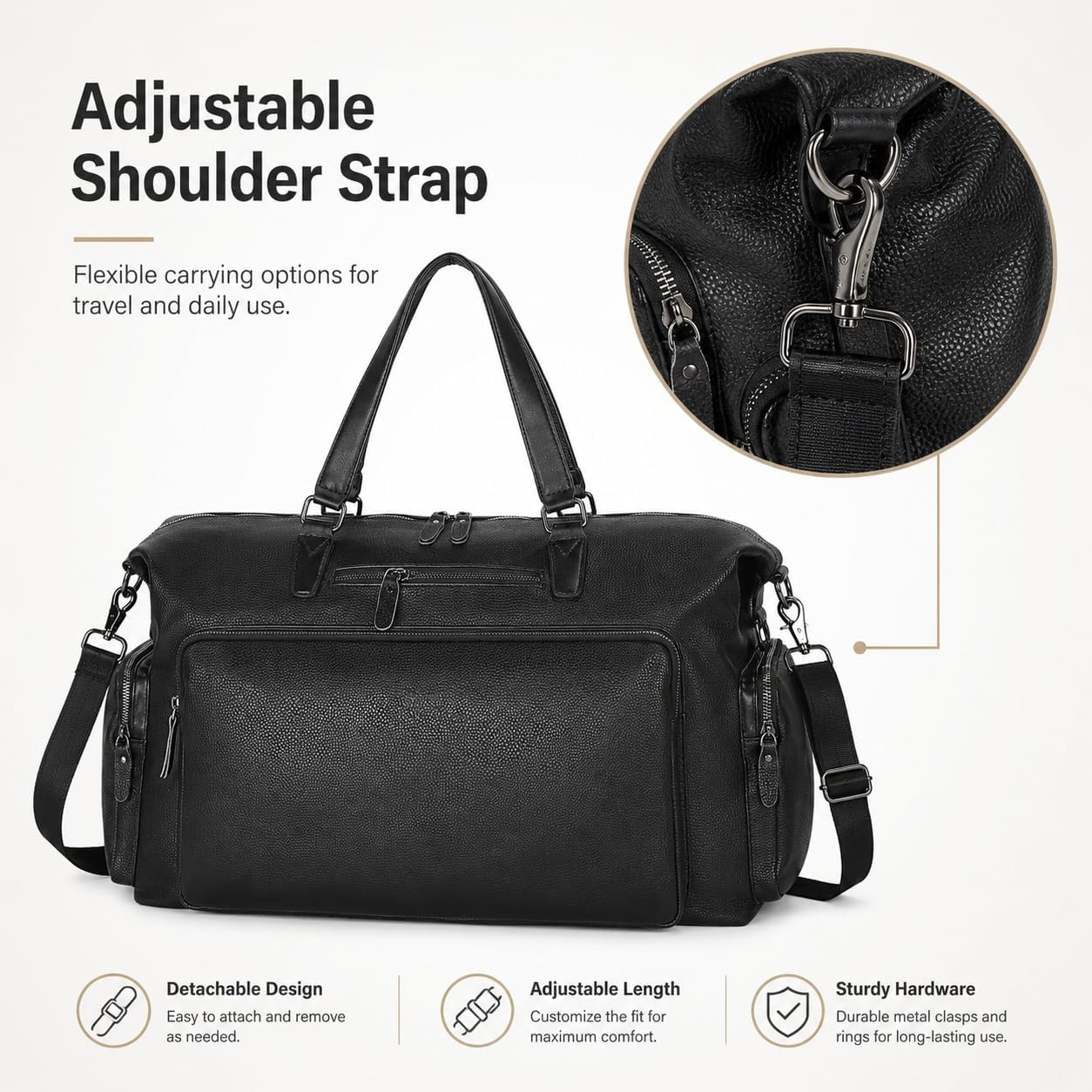 Vegan Leather Duffle Bag with Shoe Compartment & Laptop Sleeve for Travel