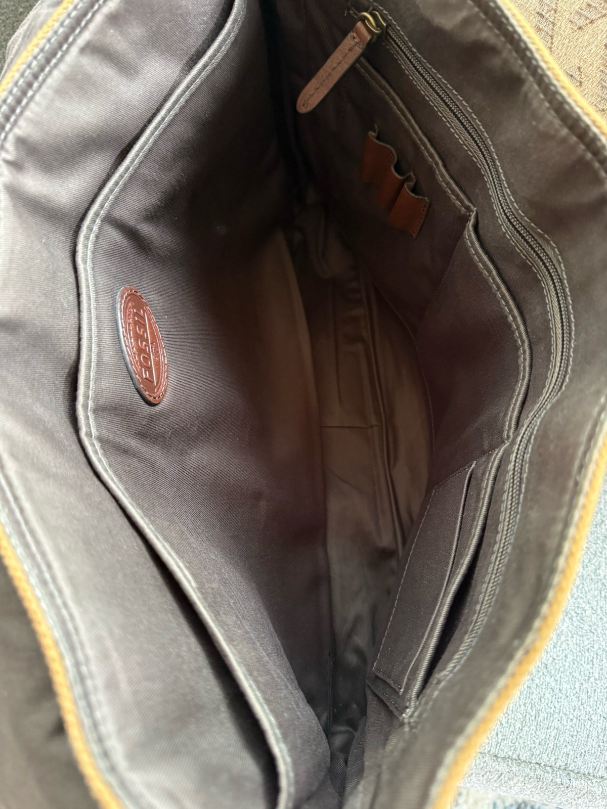 Fossil Canvas & Leather Messenger Bag In Two Tone Brown Padded Pocket Cow Hide