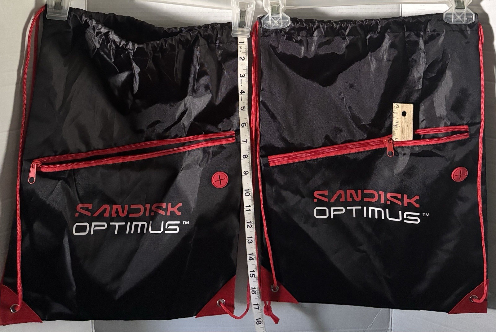 2 Pack Cinch Drawstring Backpack Bag W/Zippered Pocket And SanDisk Optimus Logo