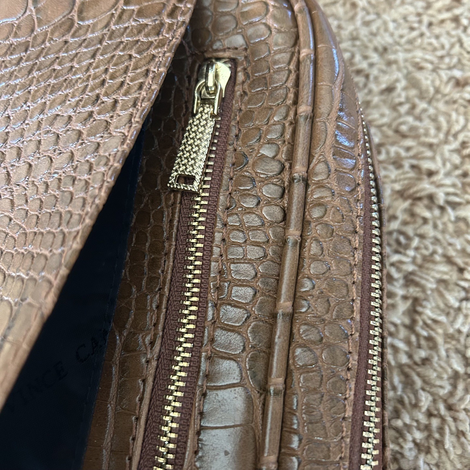 Vince Camuto Brown Crocodile Embossed Zip Around Toiletry Bag w Handle