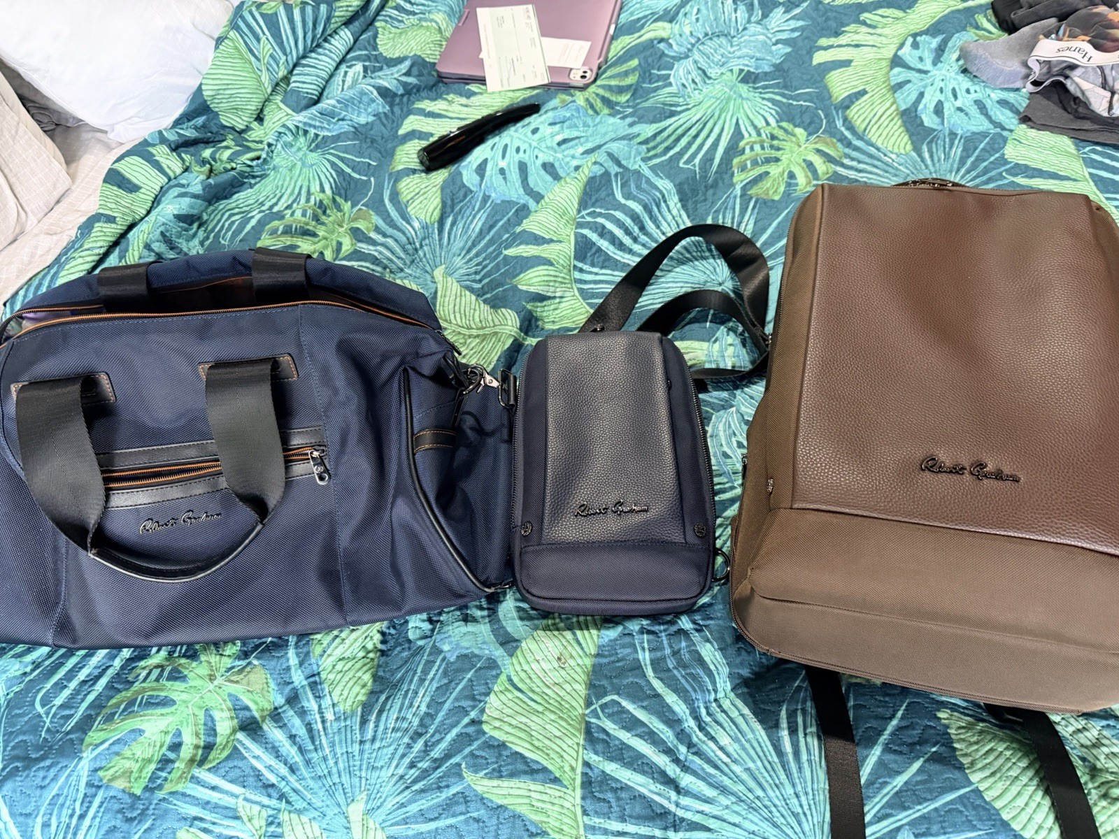 Robert Graham Men’s Bag Set – Blue Messenger, Brown Backpack, Inner Pockets