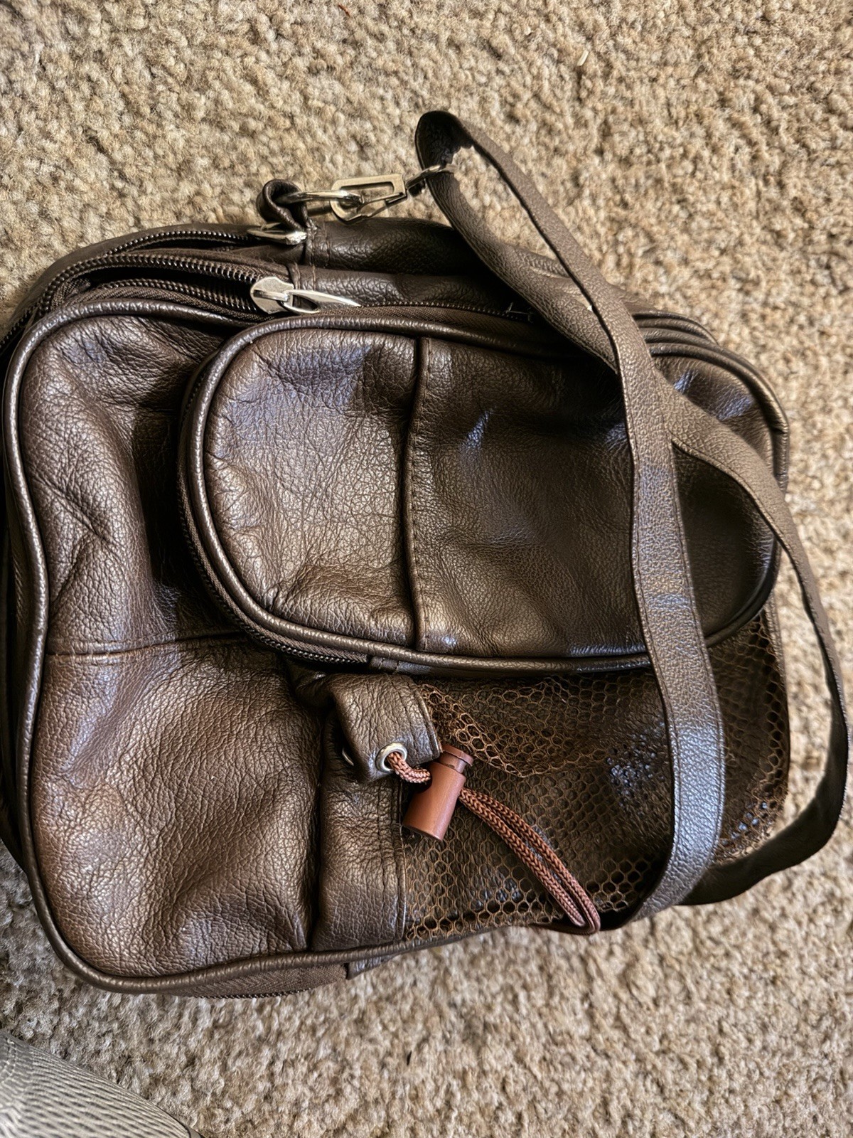 Brown Shoulder Bag Zip Drawstring Closure Adjustable Strap Outer Pockets Men