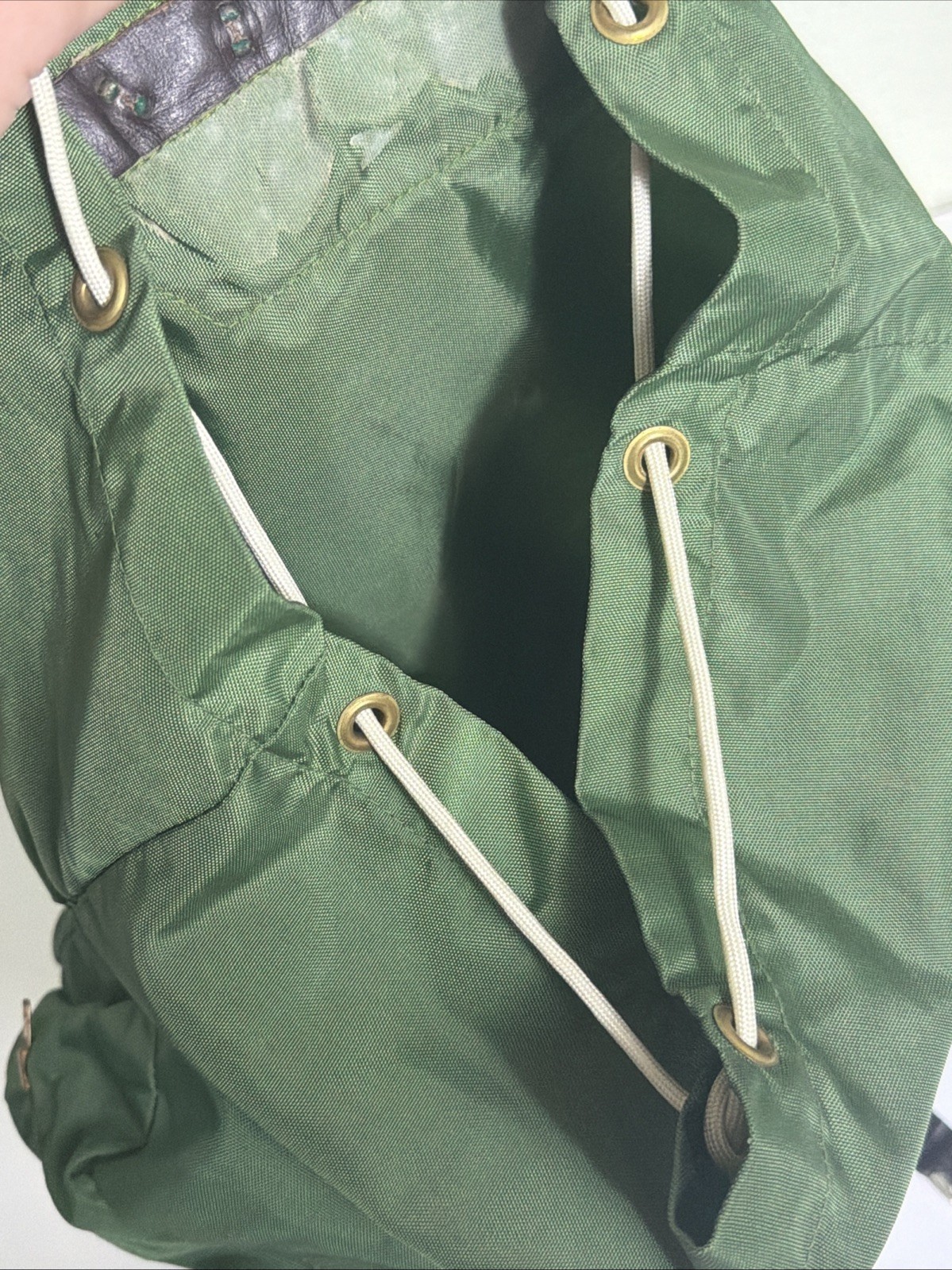 Vintage Small Green Hiking Rucksack Nylon Leather Cotton 16x16x4