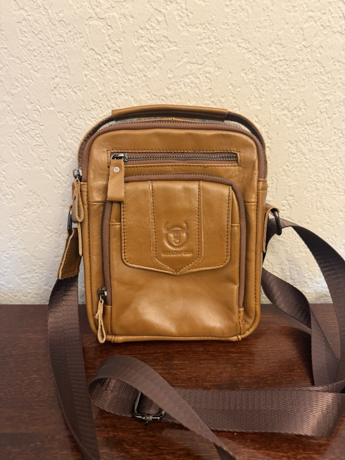 Bull Captain Leather Shoulder Crossbody Bag Messenger Adjust Strap Camel Brown