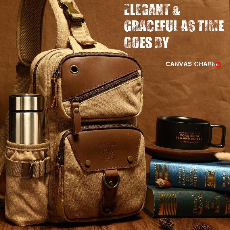 Vintage Canvas Genuine Leather Chest Sling Bag Crossbody Shoulder Backpack