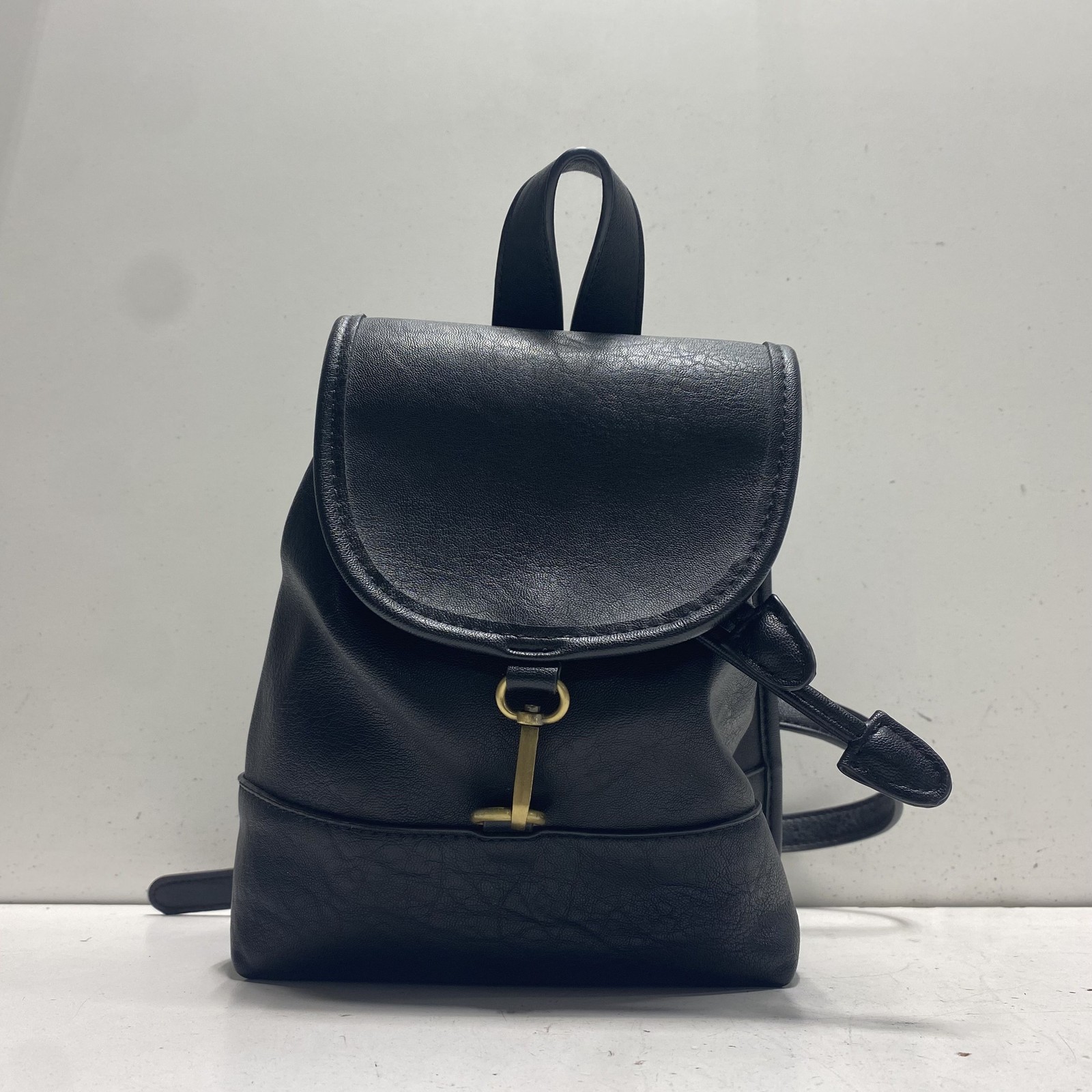 Street Level Black Vegan Leather Flap Top Backpack Brass Hardware