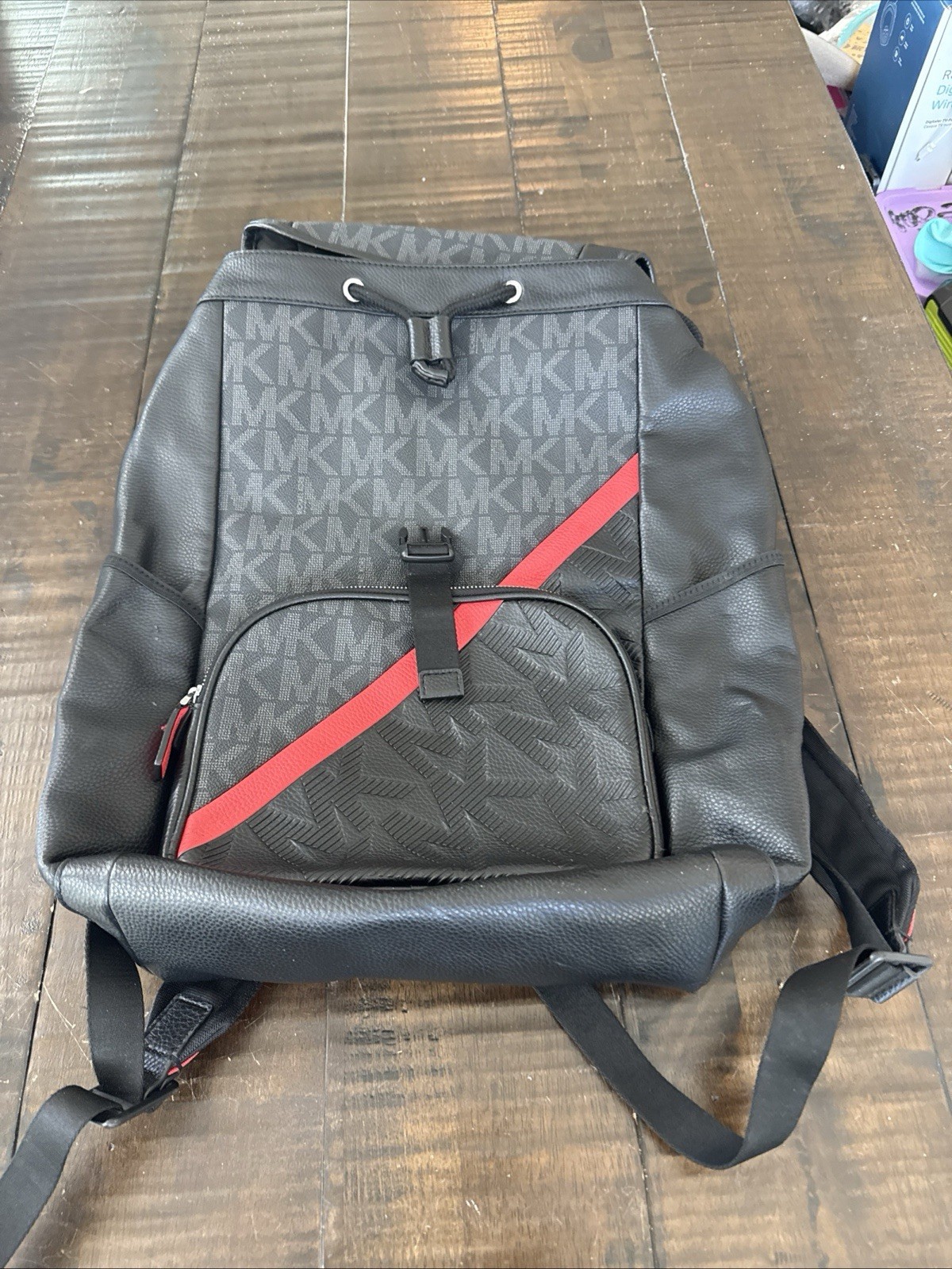 Rare Michael Kors Men’s Logo Backpack Black/Gray Red Stripe Pockets Hudson Nice