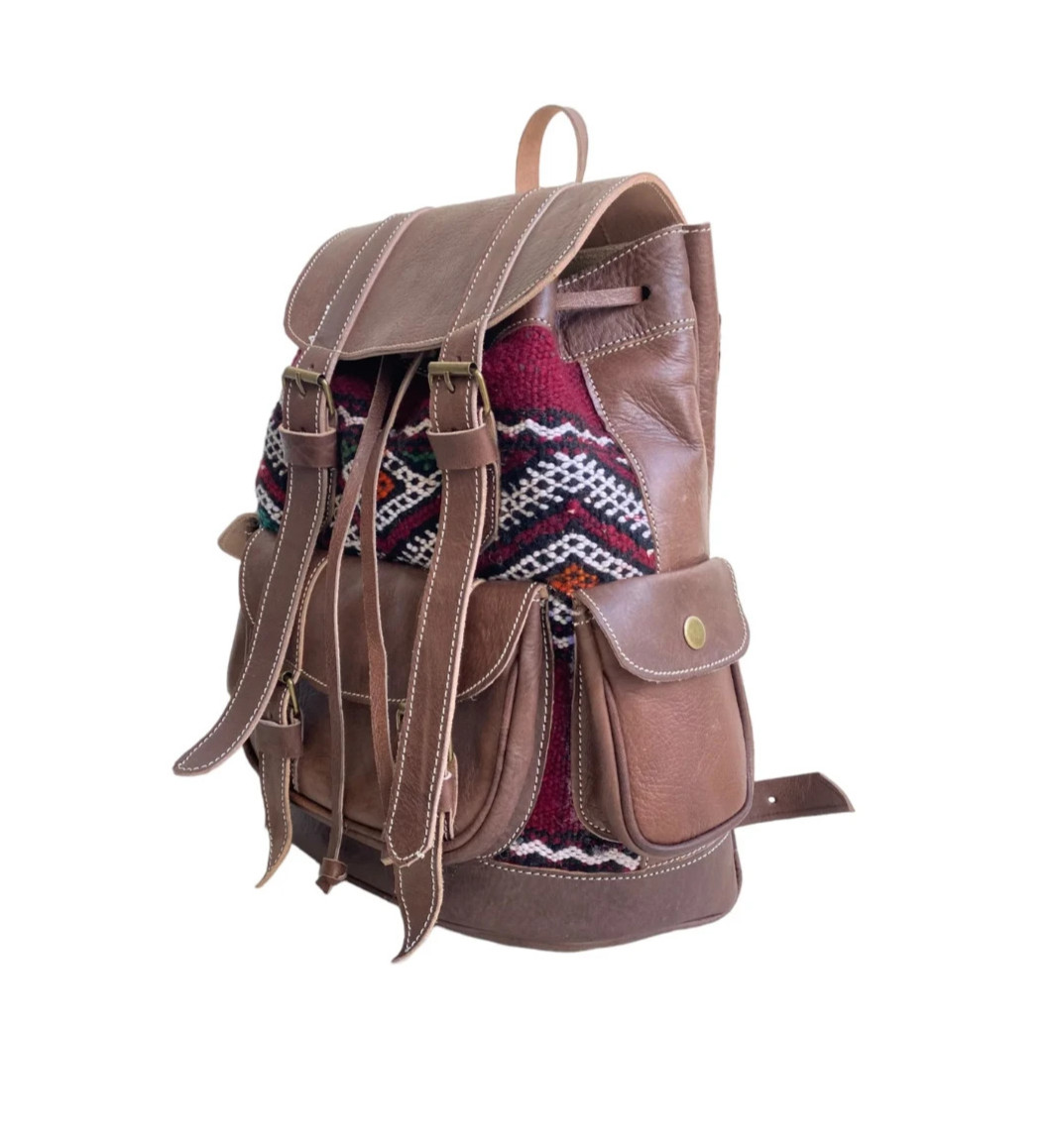 Handcrafted Genuine Leather & Red Kilim Backpack – Brown Leather | Leather Strap