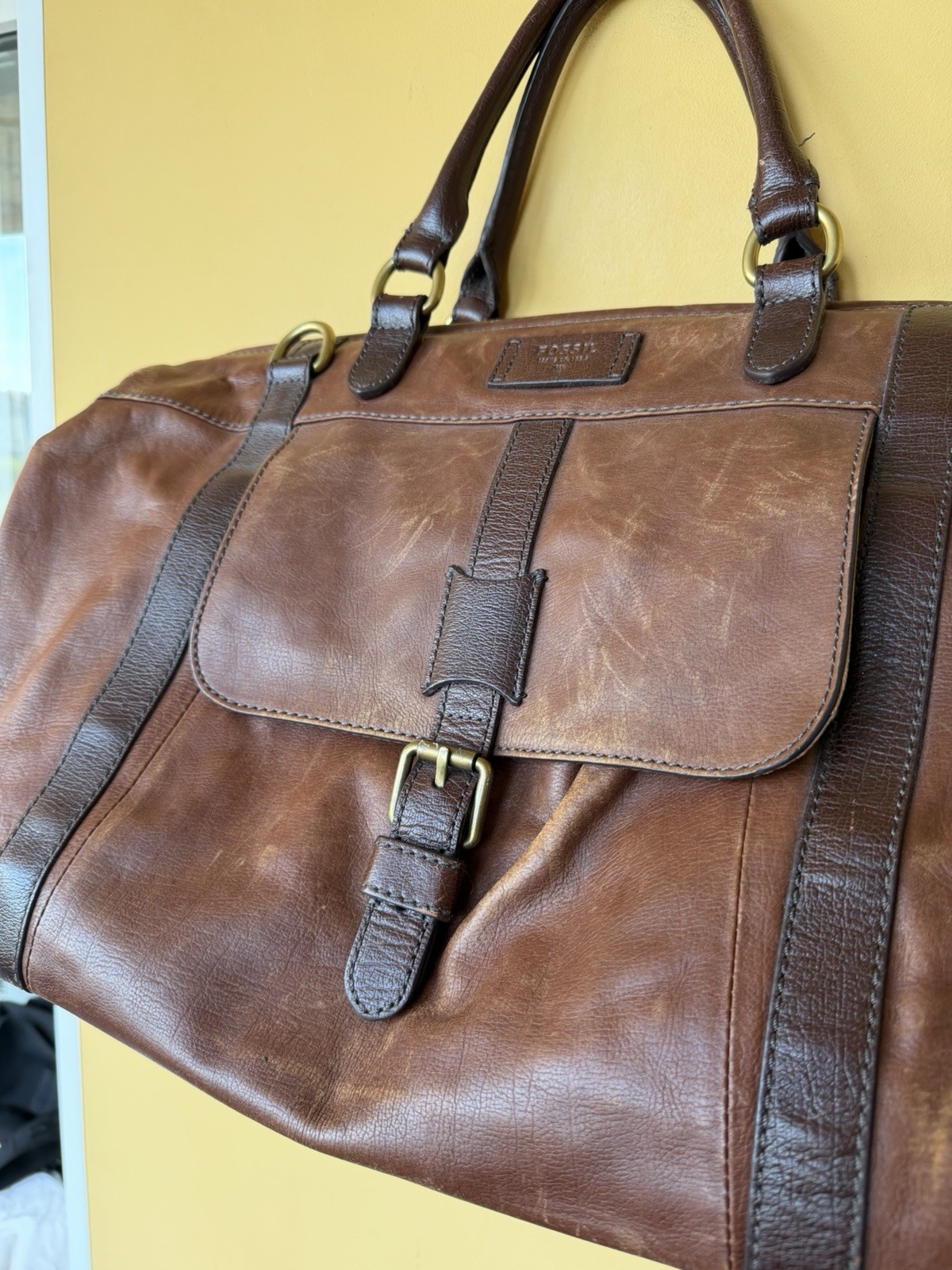 Fossil Cognac Leather Duffel Bag Travel Brown