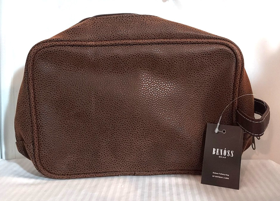 Benoss Milan MENS Brown Polyester PVC Leather Deluxe Toiletry Bag NWT