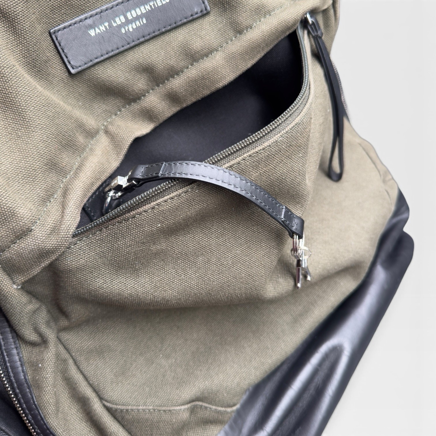 WANT Les Essentiels Kastrup Backpack Olive Green Organic Canvas Leather Trim