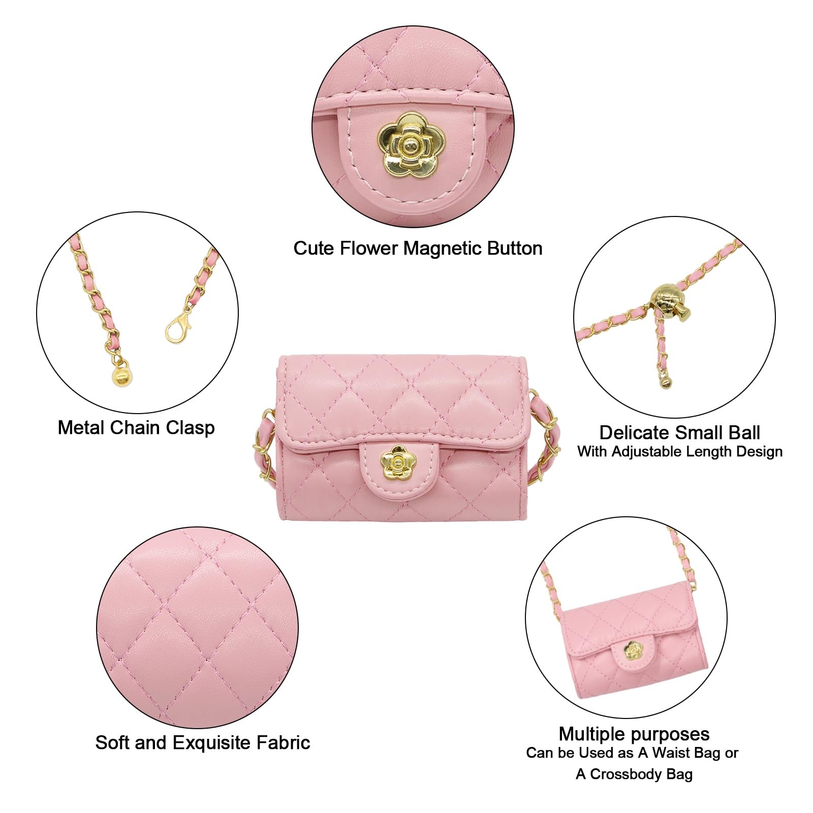 YAMEIZE Mini PU Leather Chain Belt Bag 11cm x 8.5cm x 4cm, Pink 4.7×2.7 Inch
