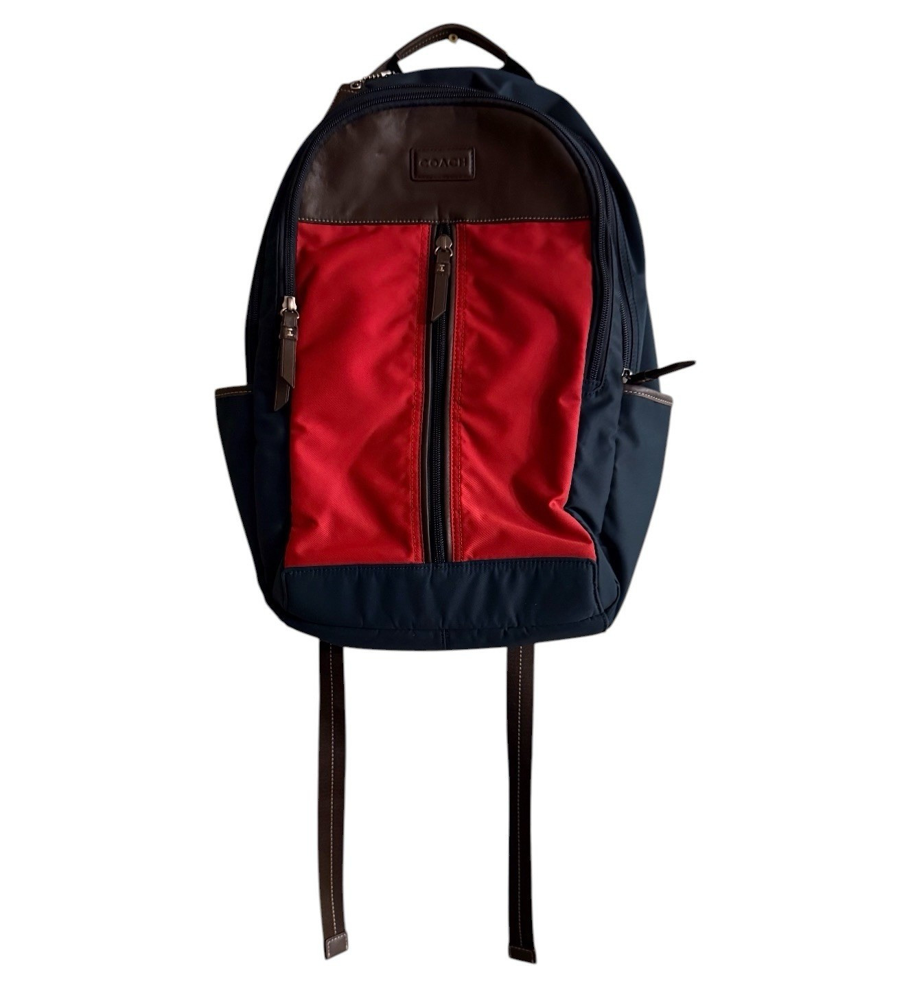 Coach Colorblock Backpack Navy Red Brown Zip Pockets Adjustable Straps Men