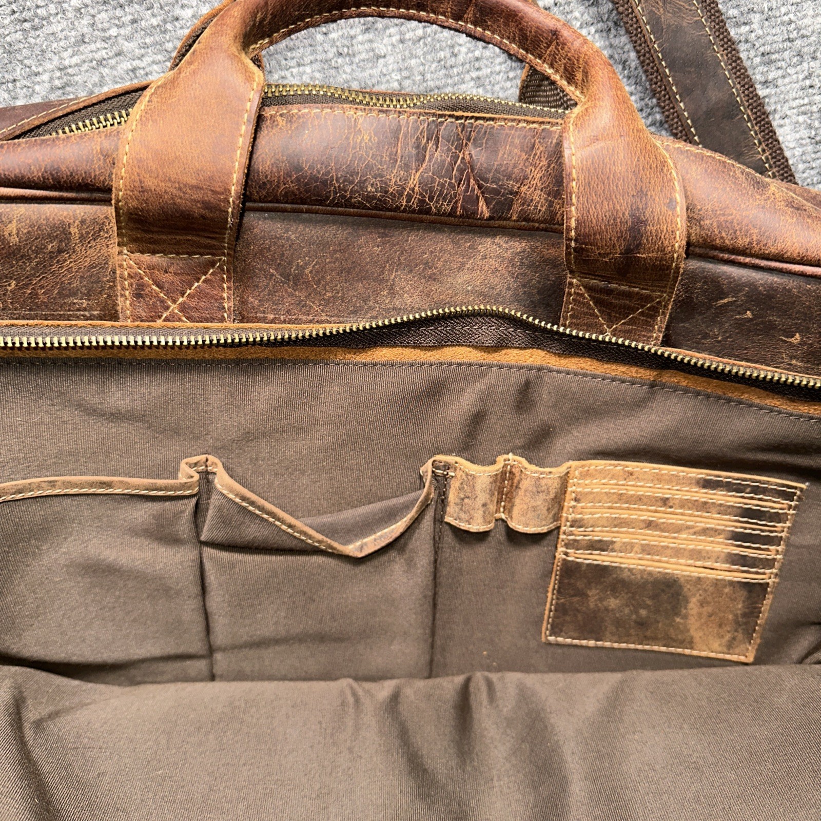 KomalC Full Grain Leather Messenger Laptop Bag 18” Brown Distressed Briefcase