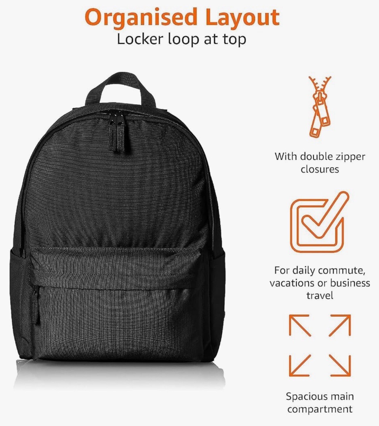 Amazon Basics Classic School Lightweight Double-Zipper Closure Backpack Black