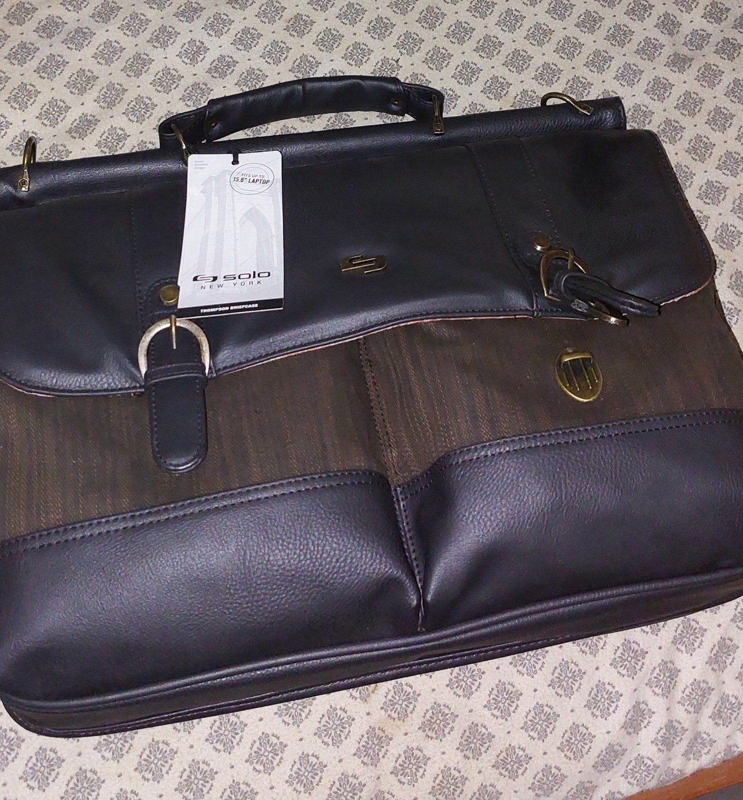 Solo New York Thompson Laptop Briefcase Black Faux Leather Canvas 15.6” NWT