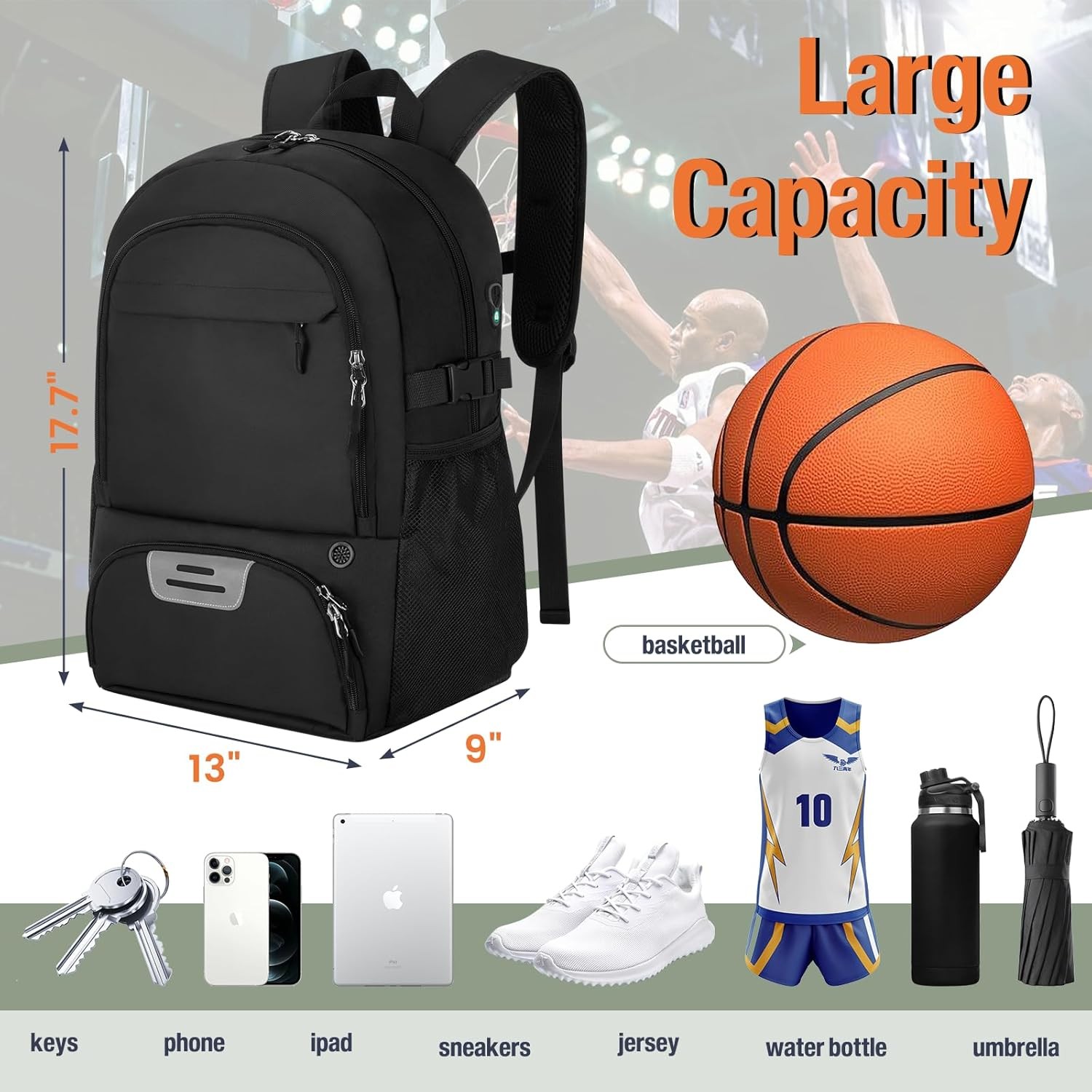 OCKLILY Basketball Backpack – Large Sports Equipment Bag with Ball Holder & Shoe