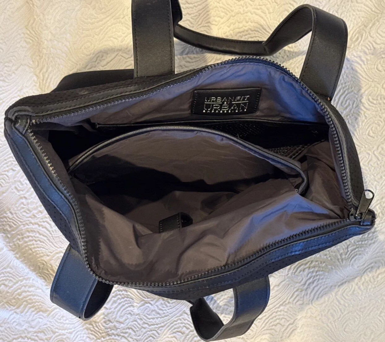 URBAN FIT EXPRESSION Canvas Tote Bag BLACK Shoulder Leather Handle Zipper Close