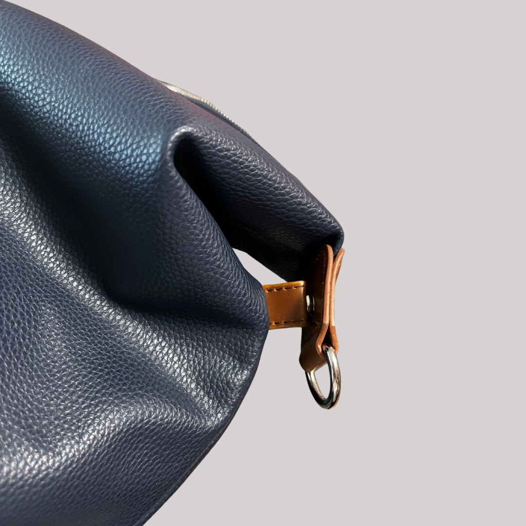 Brouk & Co Alpha Duffle Weekender Bag Vegan Pebbled Leather Navy Blue Brown Trim