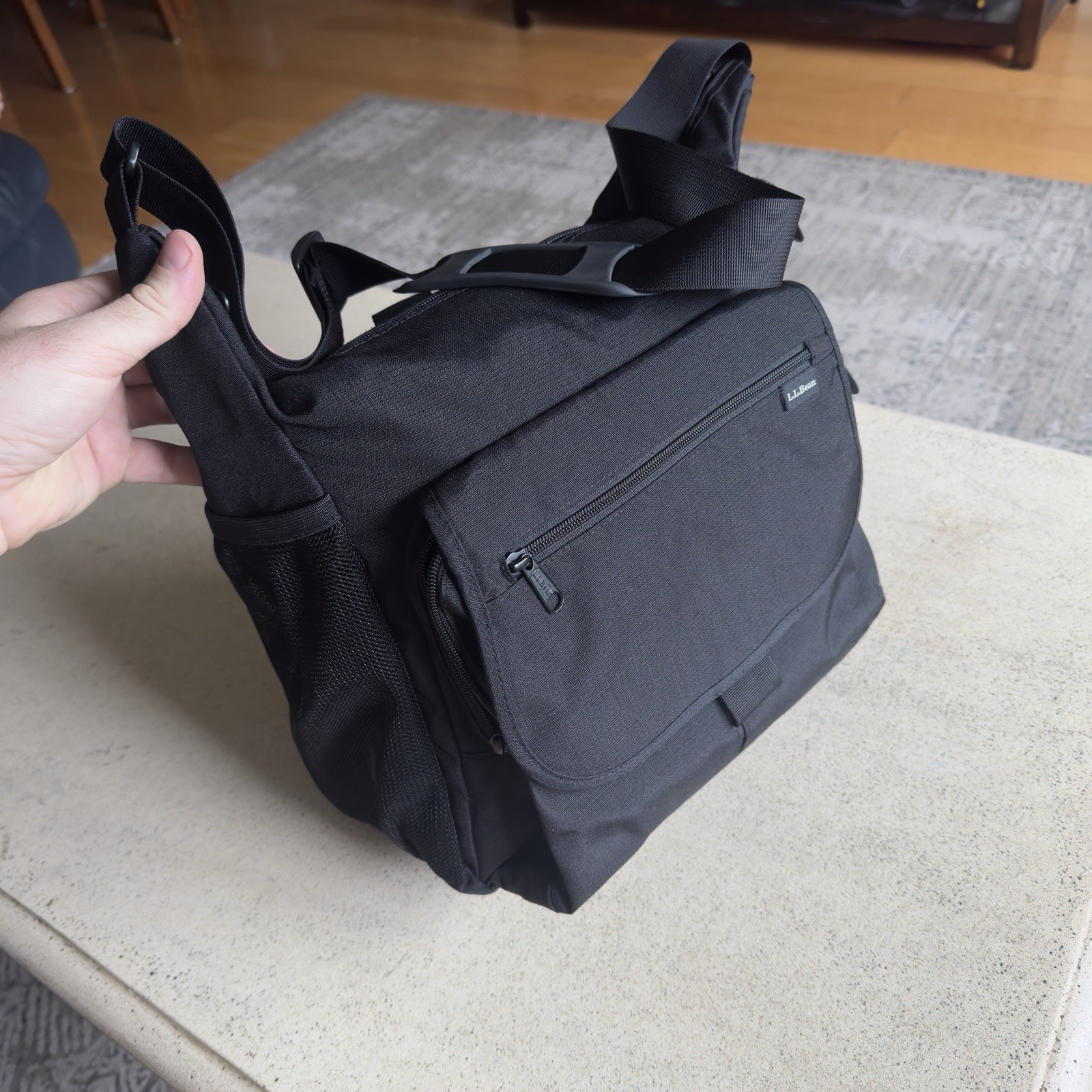 LL Bean Shoulder Bag Black Ripstop Nylon Side Carry Pack Outdoors Hike Camp