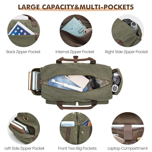 Unisex 56L Duffle Bag Canvas Travel Bag Carry on Leather Trim Army Green