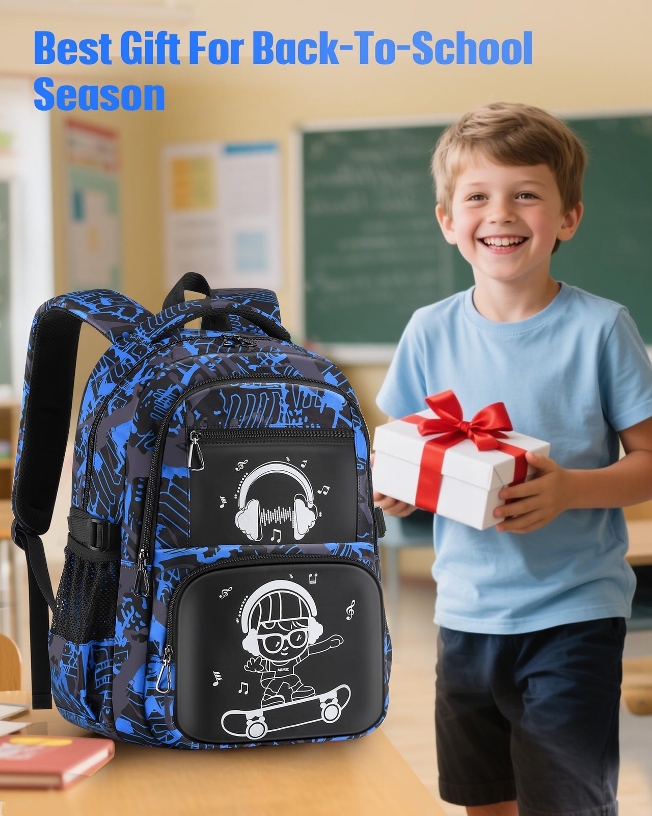 School Backpack Boys Camo Bookbag Teens Middle School Waterproof Travel Blue