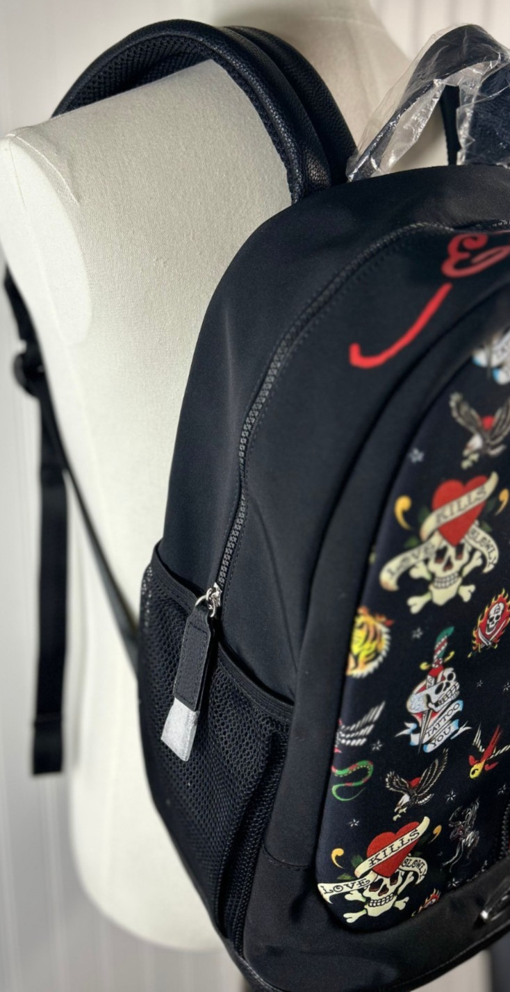 ED HARDY – Full Size NEW Backpack BLACK Multicolor Skull / Heart Tattoo Print