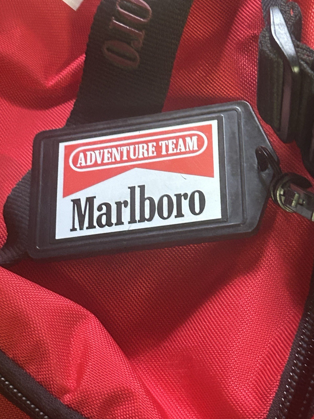 Marlboro Adventure Team Red Black Yellow Duffle Bag Pockets Adjustable Strap VTG