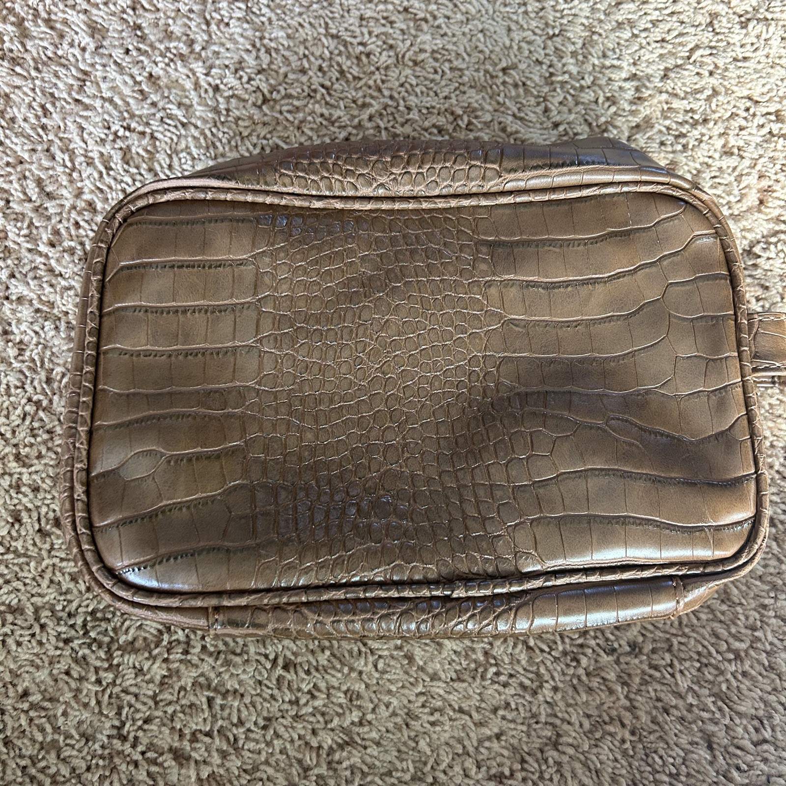 Vince Camuto Brown Crocodile Embossed Zip Around Toiletry Bag w Handle