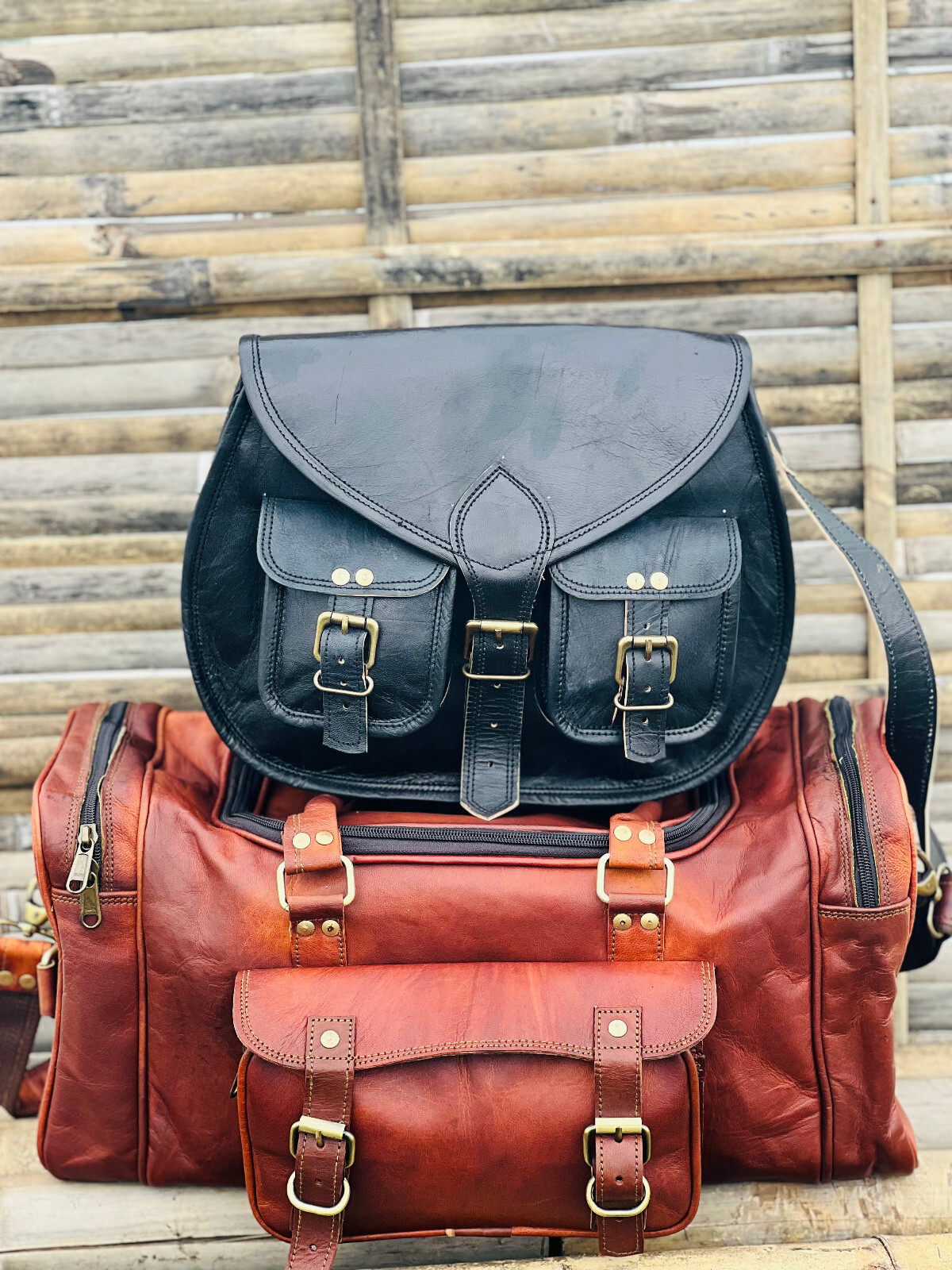 Mens Leather Full Grain Duffle Travel Bag Handmade+13″ Women’s Purse Tote Bag