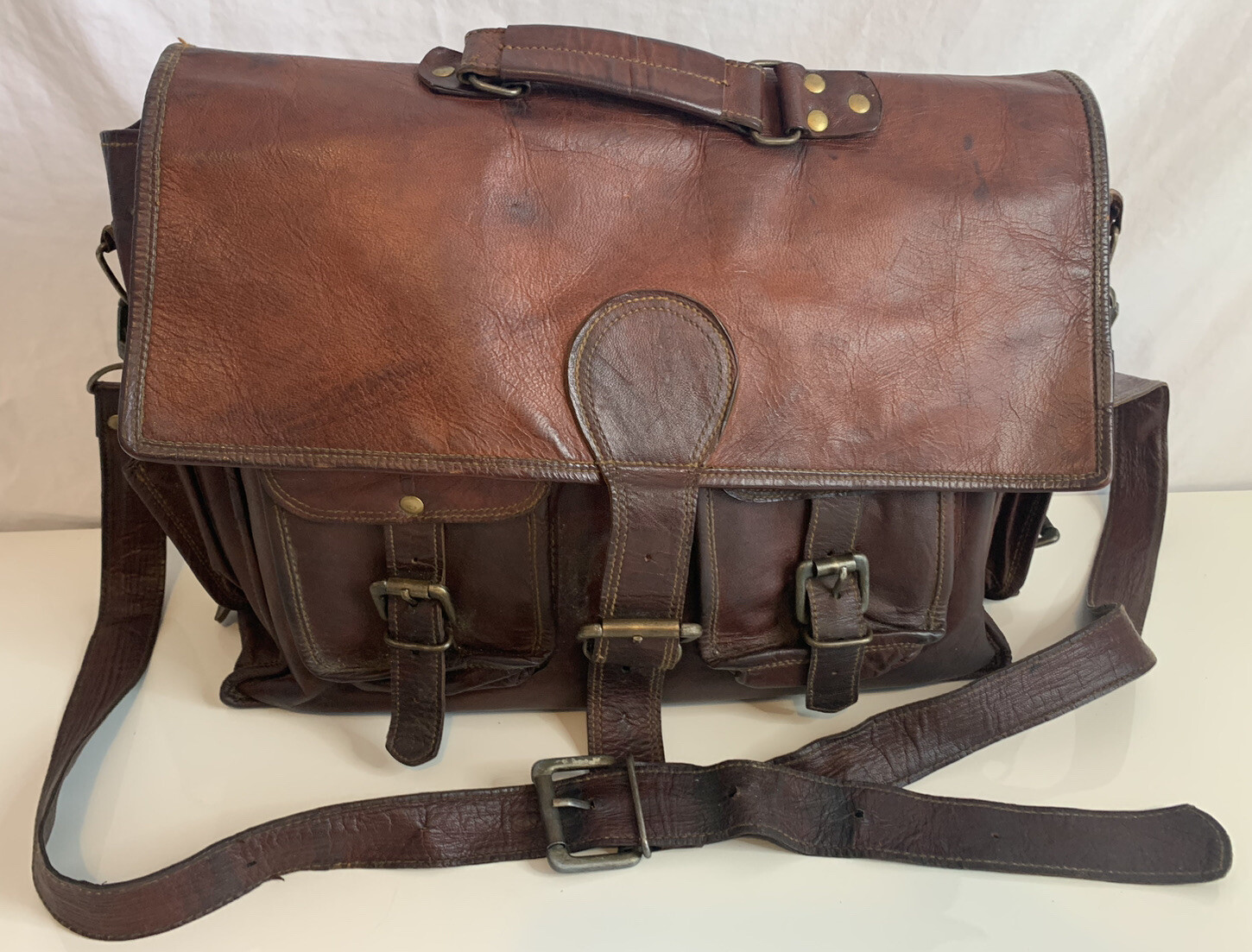 Vintage Leather Briefcase Satchel Brass Hardware Distressed Lined Unisex Legal