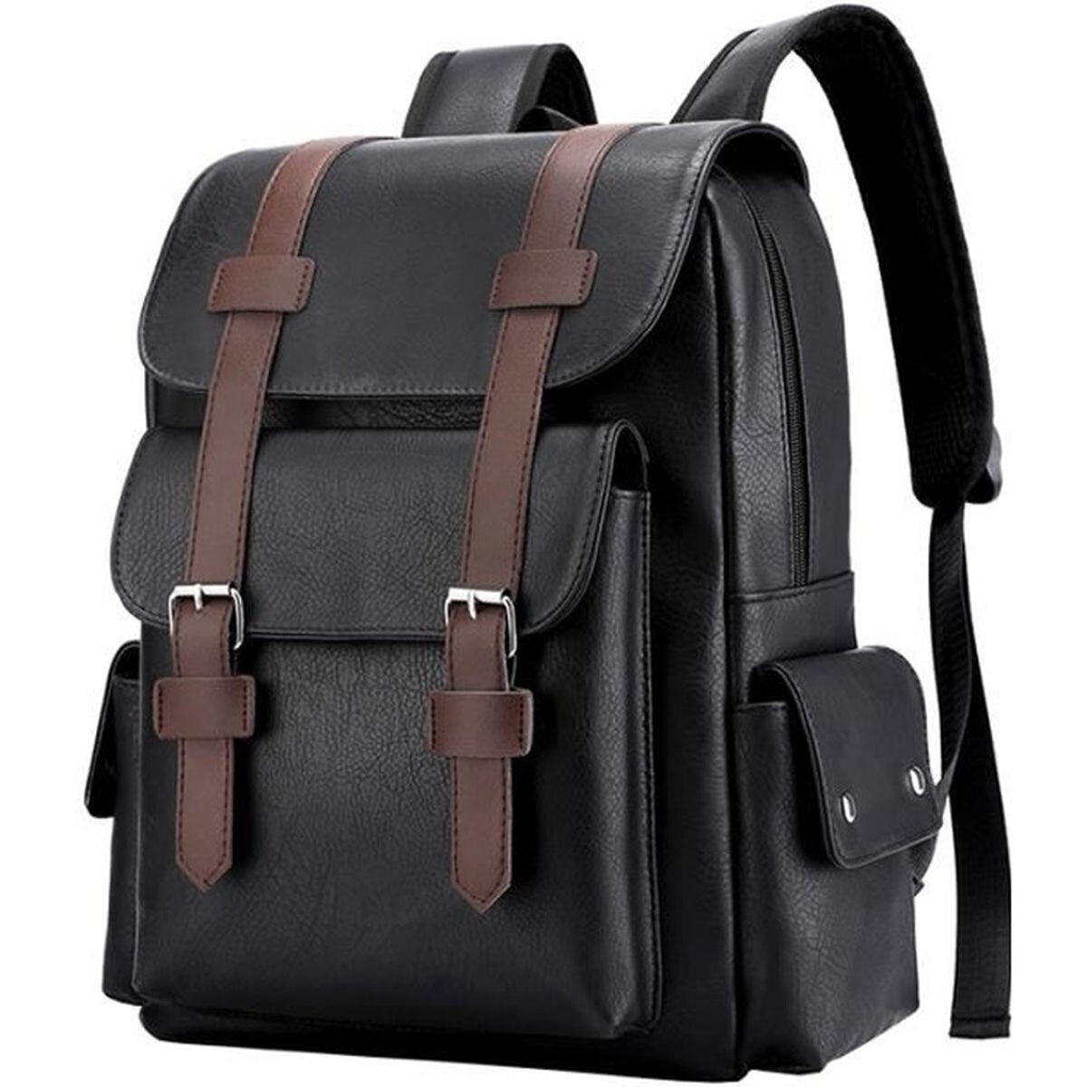 Waterproof PU Leather Backpack 14 Inches Large Capacity Work Travel Black
