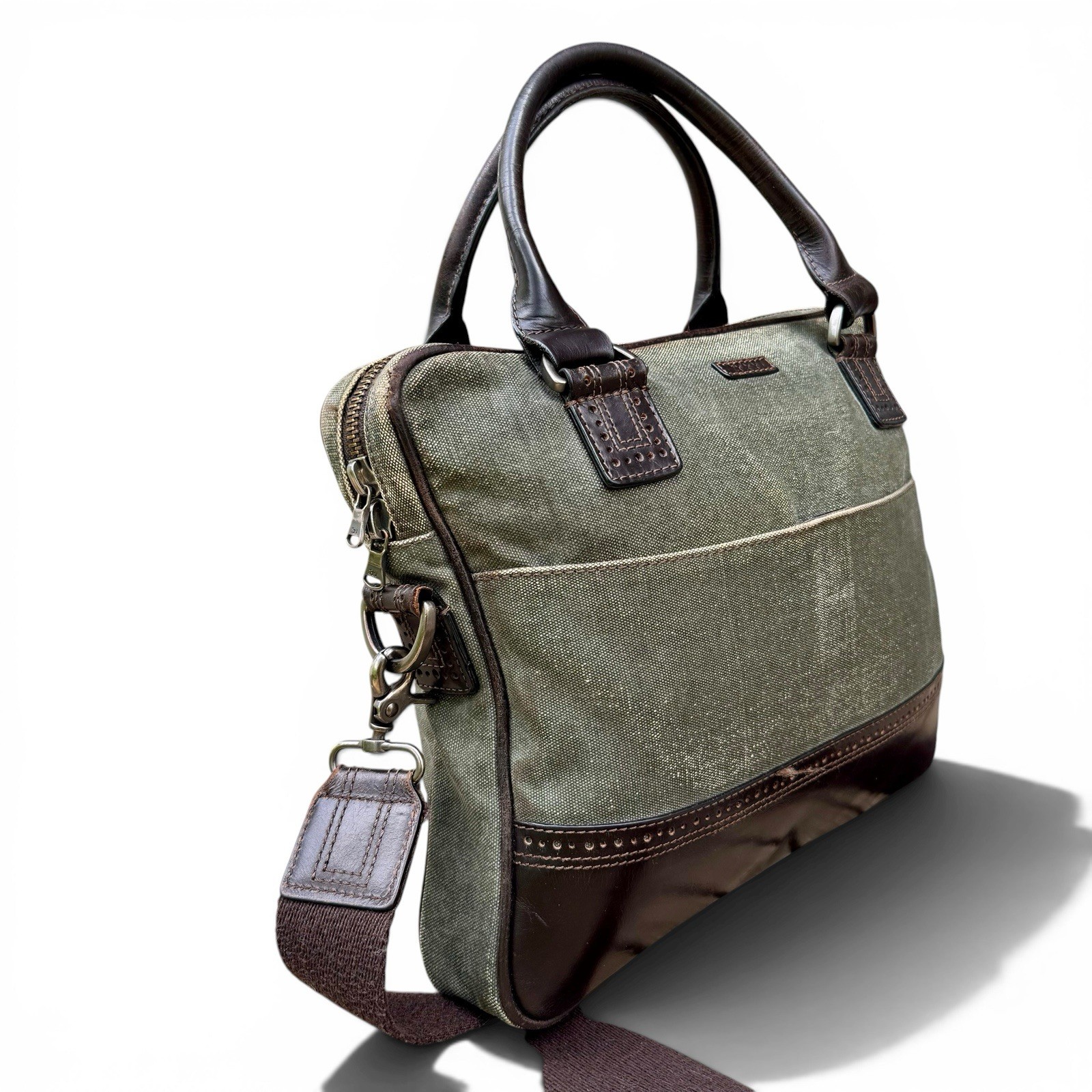 John Varvatos Distressed Olive Canvas Leather Messenger Laptop Bag Brown