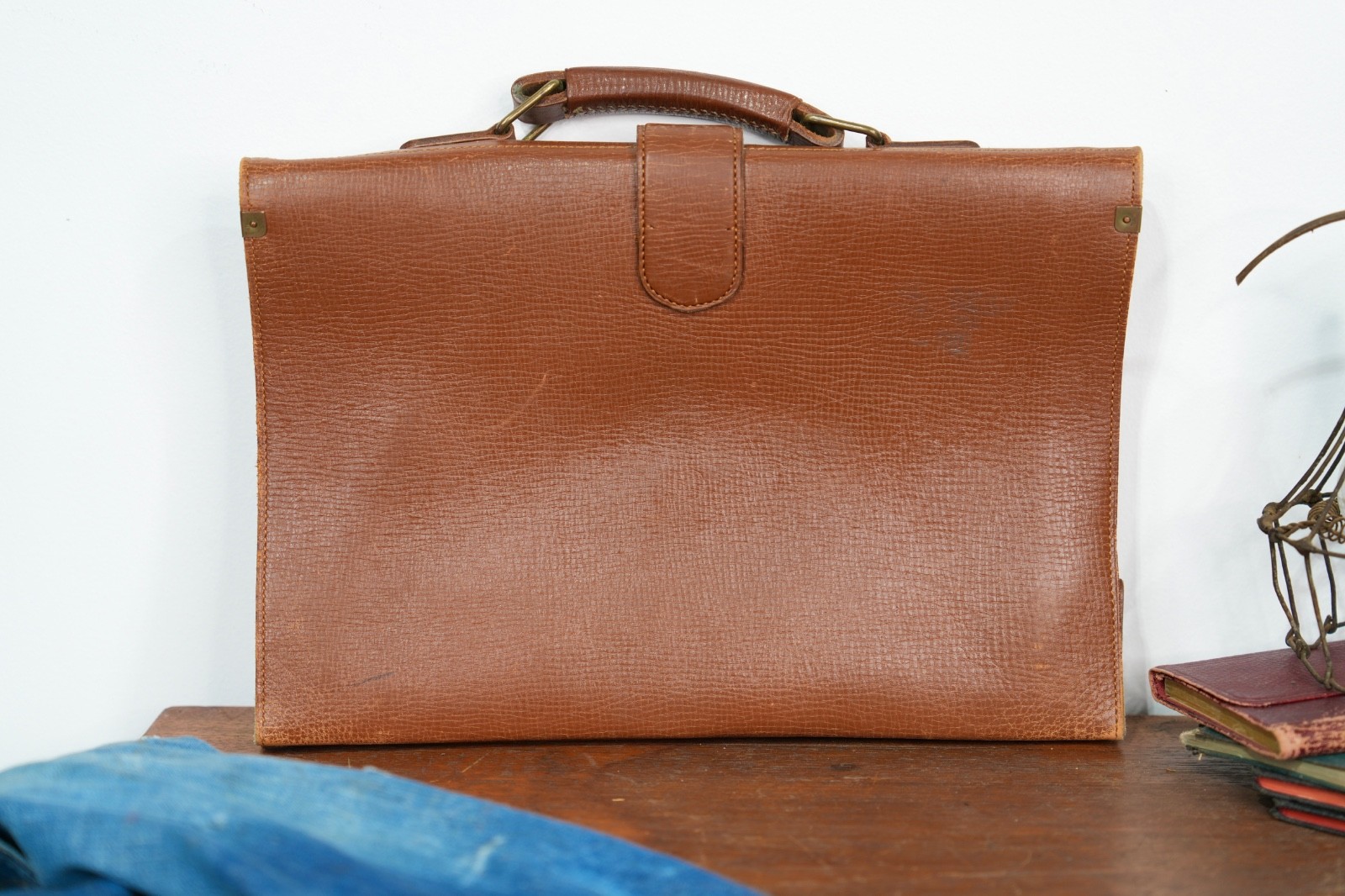VTG Brown Leather Attache Briefcase Portfolio Document Bag w/ key 1940s Japan