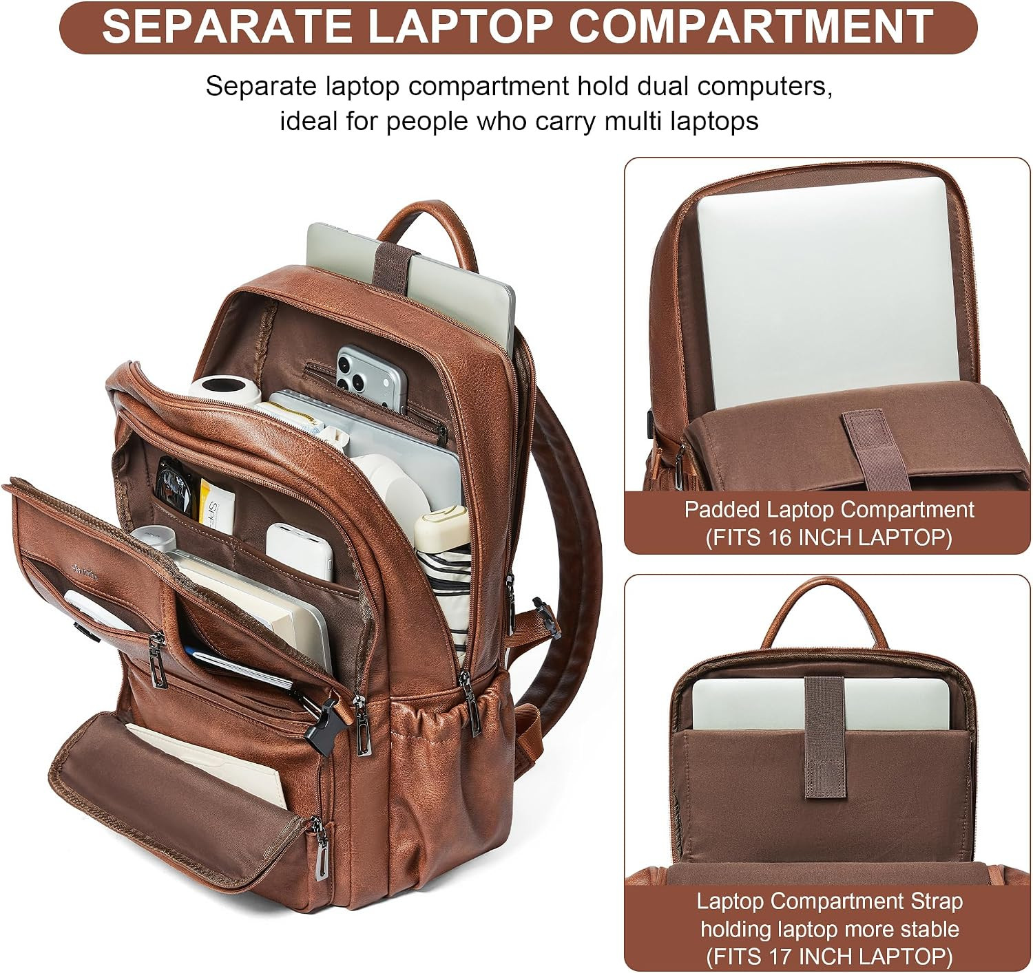 17″ Vegan Leather Laptop Backpack with Tumbler Holders for Work & Travel