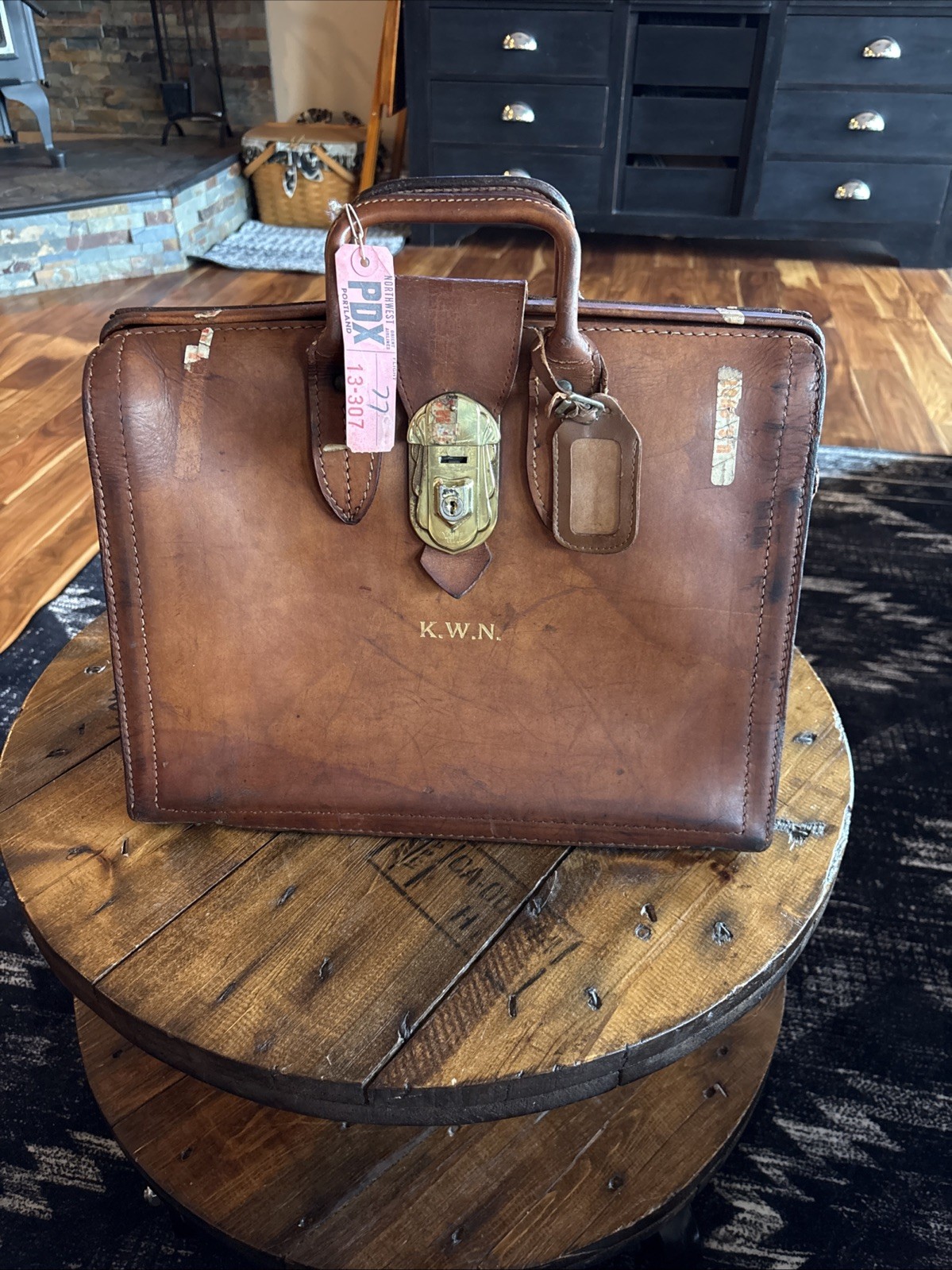 Antique Travel Bag/Briefcase Brown Leather Salz California Saddle Leather