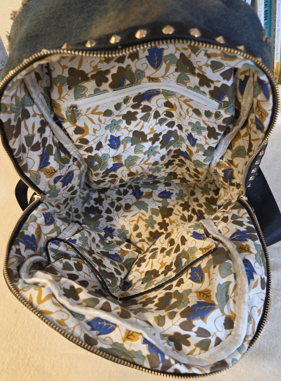 Distressed Soft Denim Backpack Patches Embroidery Sequins Eyes Grunge Studs Zip