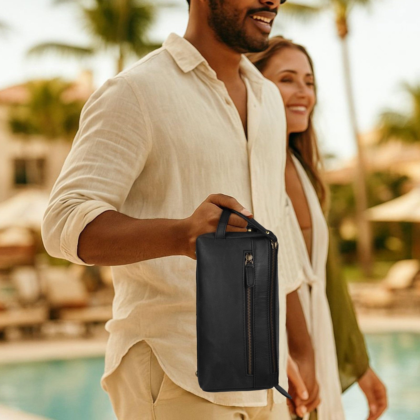 Full Grain Leather Toiletry Kit for Men & Women 10″ x 5″ x 4.5″, Matte Black