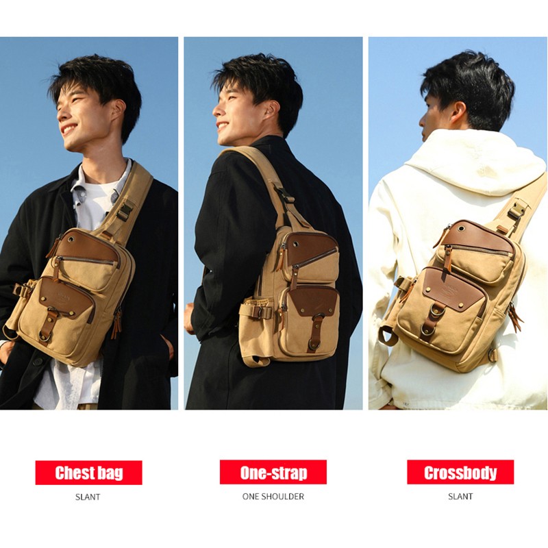 Vintage Canvas Genuine Leather Chest Sling Bag Crossbody Shoulder Backpack