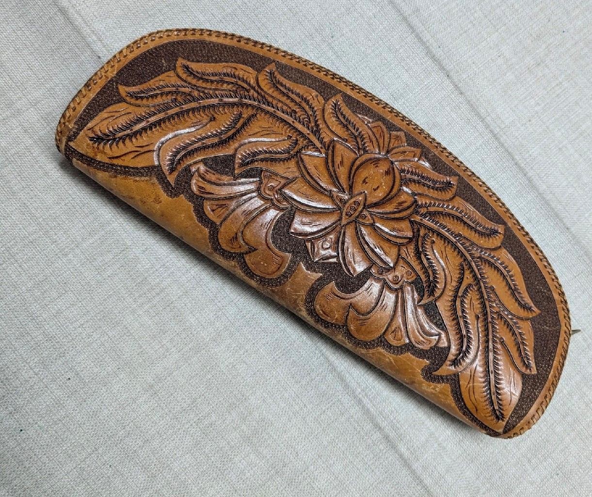 vintage TOOLED saddle bag WESTERN handcrafted leather tote 15″ toiletry clutch