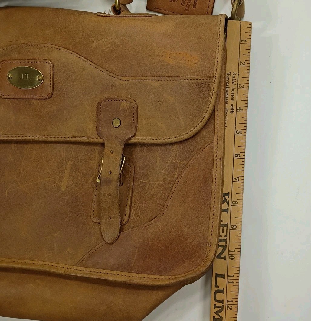 Gokey Co. Tan Heavy Saddle Leather Briefcase Green Canvas Brass Messenger Bag