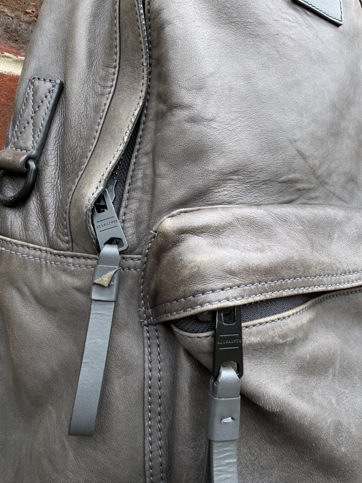 AllSaints ARENA Leather Backpack Bag Grey Brown Mens Ladies Unisex Rucksack