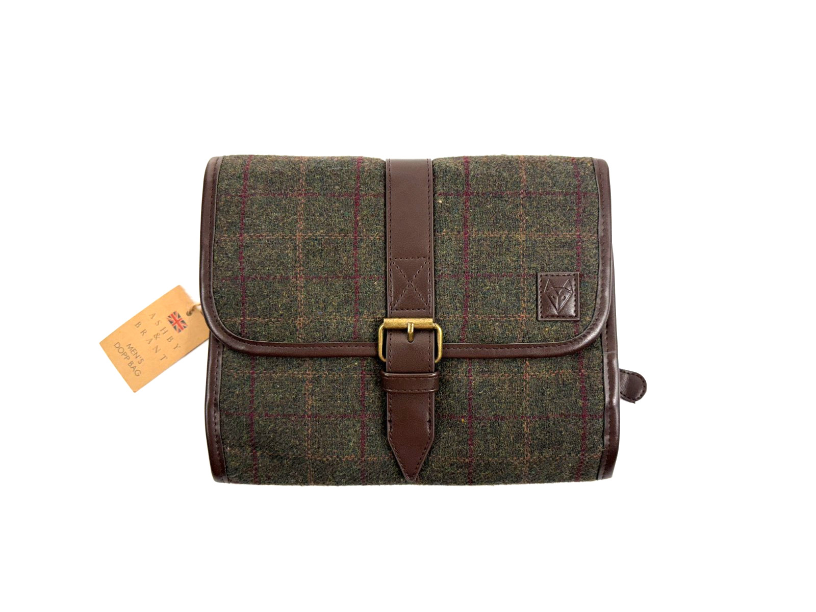 Ashby & Brant Wool Blend Dopp Bag Travel Olive Green Plaid Brown Men`s