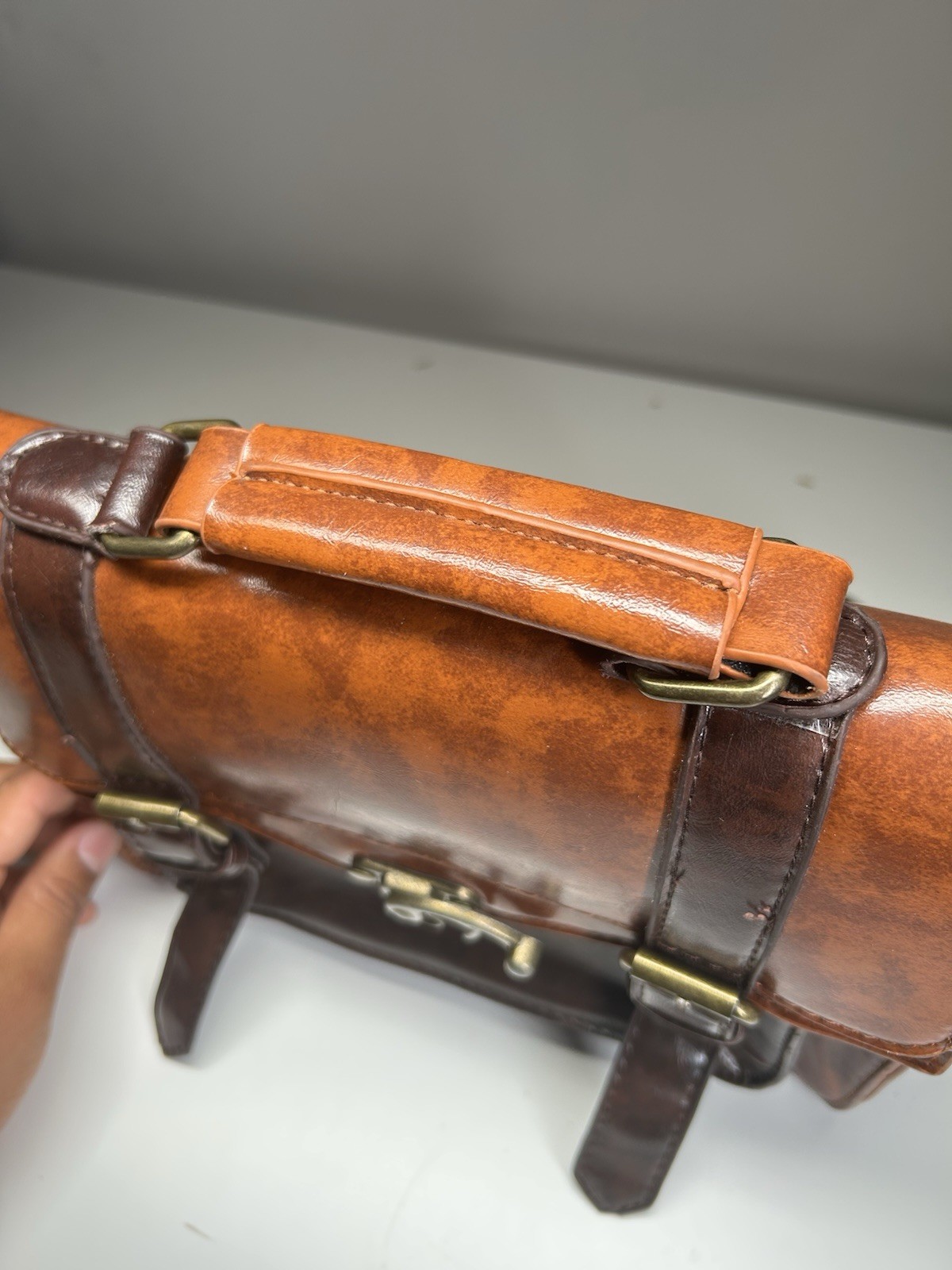 Brown Messenger Bag, Top Handle, Buckle Straps, Push Lock/Zip, Inner Pockets