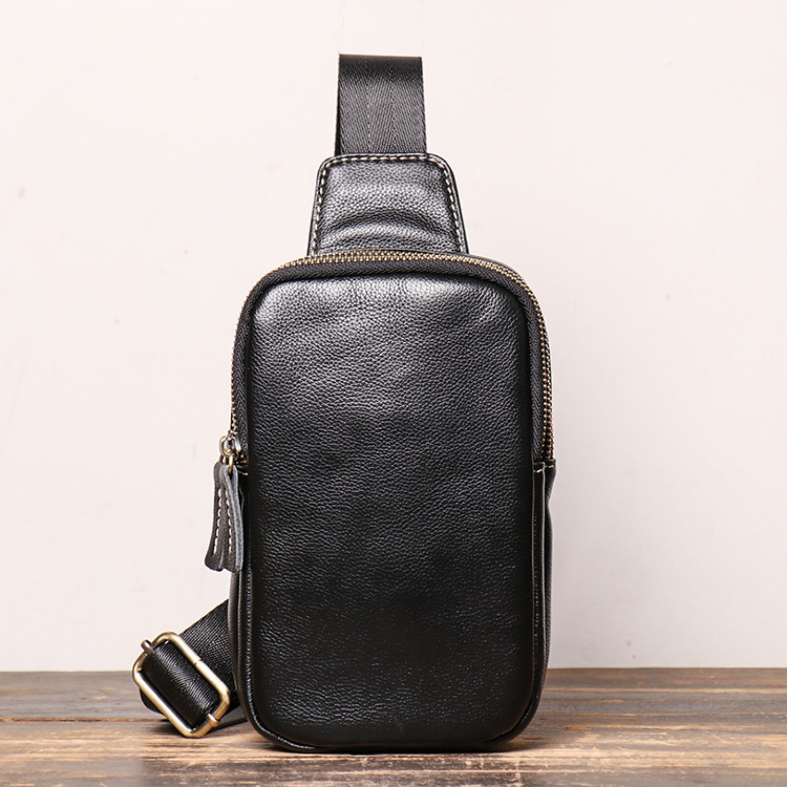 Men Black Leather Sling Bag Crossbody Shoulder Chest Pouch Small Travel Pack