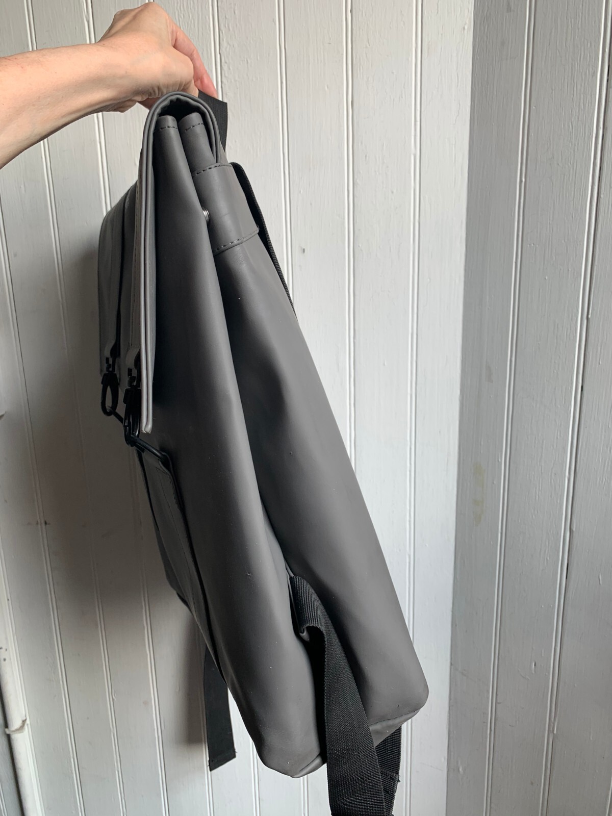 Rains MSN Gray Backpack Waterproof Minimalistic Carabiner Closure Laptop Pocket