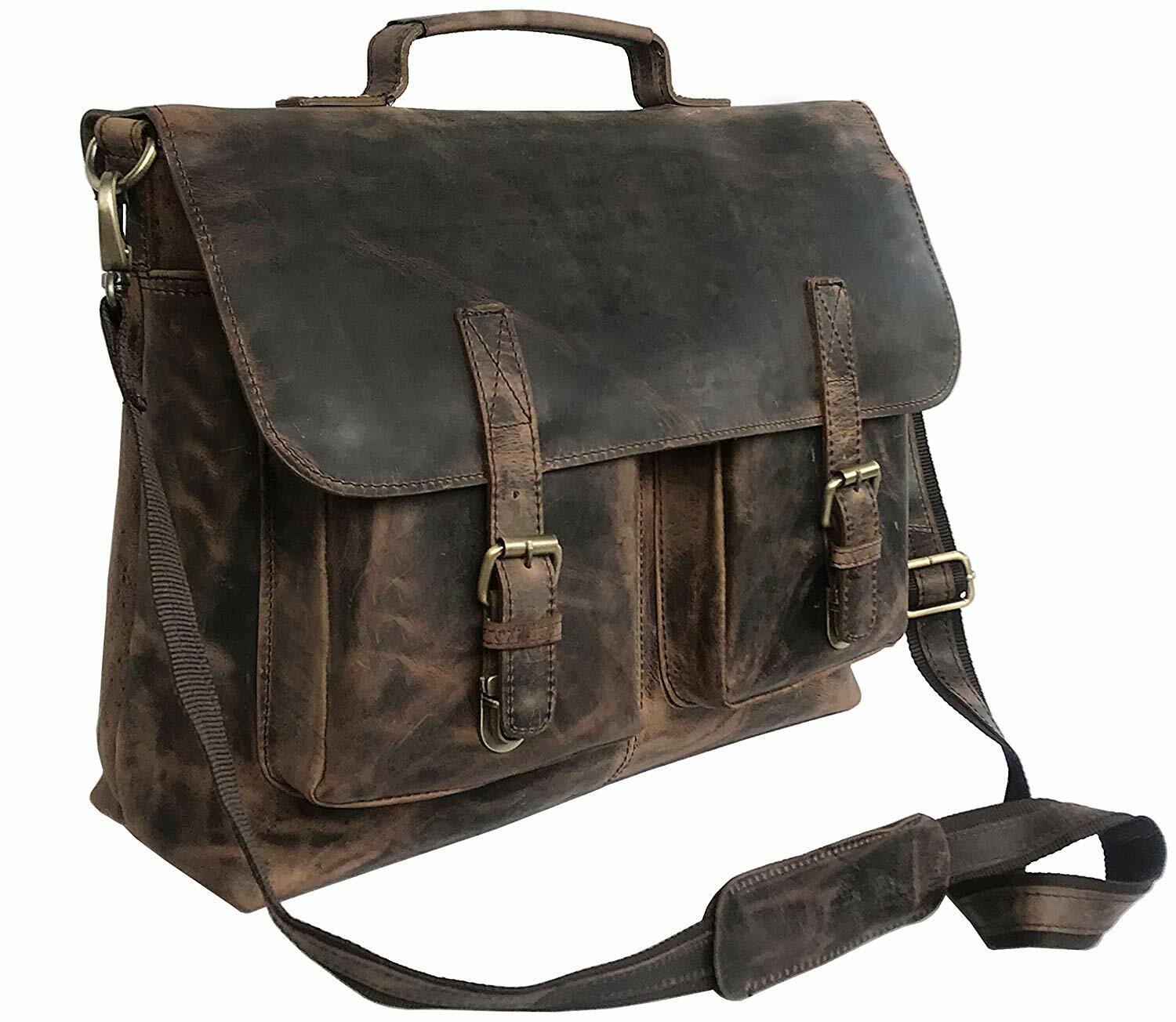 18 In Buffalo Leather Office Briefcase Messenger Bag Laptop Satchel Shoulder Bag